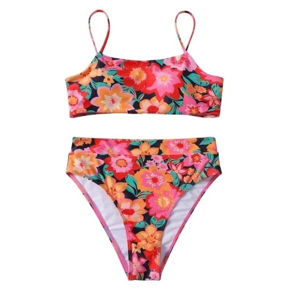 Women’s 2-Piece Swimsuit Large Floral Bandeau High Waist Bikini Adjustable Strap - Picture 4 of 8